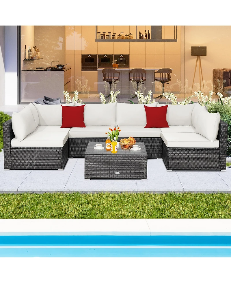 Costway 7Pieces Patio Rattan Furniture Set Sectional Sofa Cushioned Garden