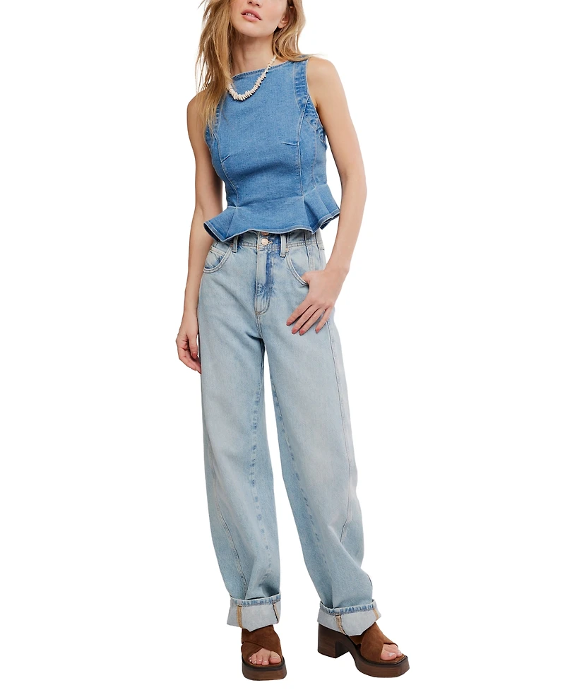 Free People Women's Sunfaded Boat Neck Denim Cotton Top