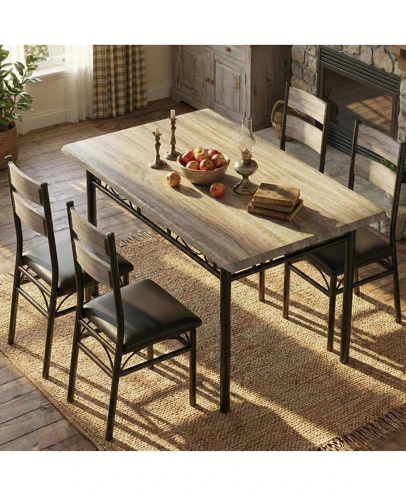 gaomon 5 Piece Dining Table Set for 4, Wooden Industrial Rectangular Kitchen Dinner Table w/ 4 Upholstered High Back Chairs Set, Sturdy Metal Frame