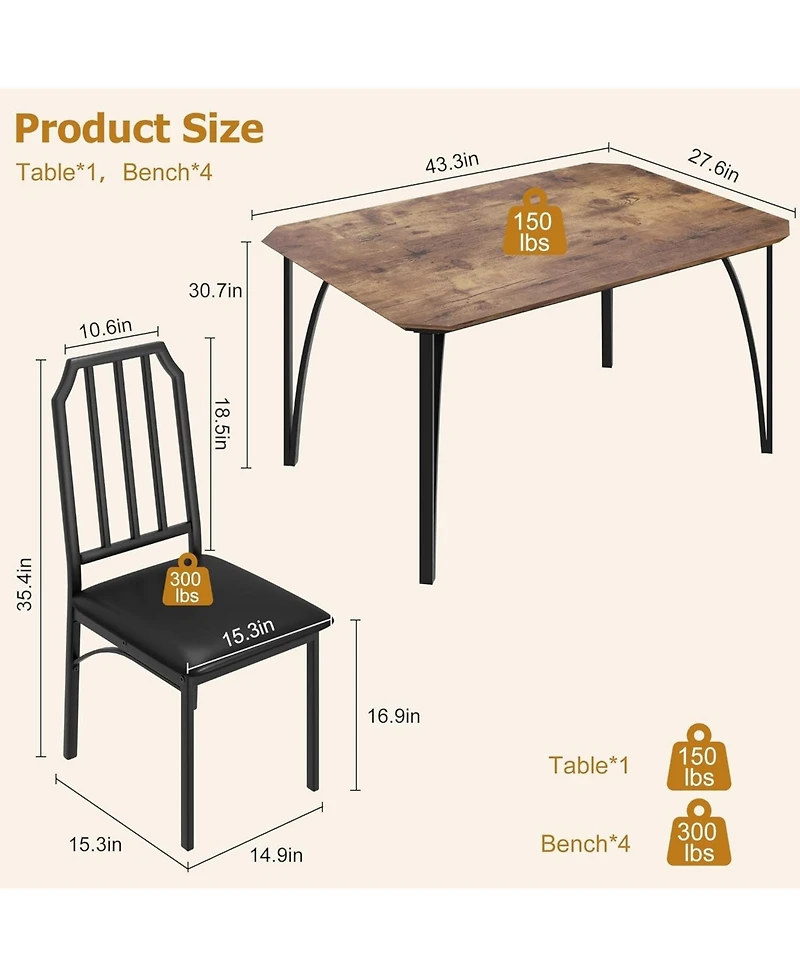 gaomon Dining Table Set for 4, Kitchen Table and Chairs for 4 with with Chamfer Design, 5 Piece Dining Room Table Set with Cushion Seats