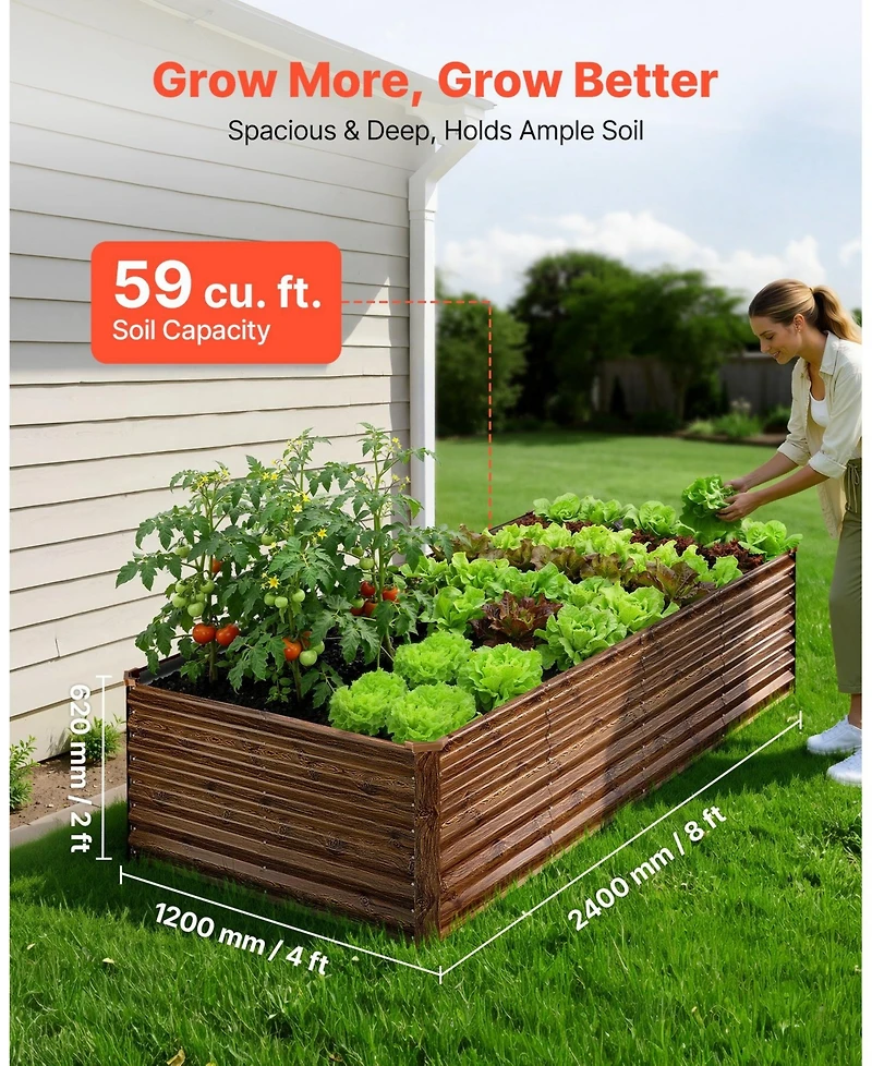 Gouun Galvanized Raised Garden Bed, 8 x 4 x 2 ft Alu-Zinc Metal Planter Box, Deep Wood Grain Finish