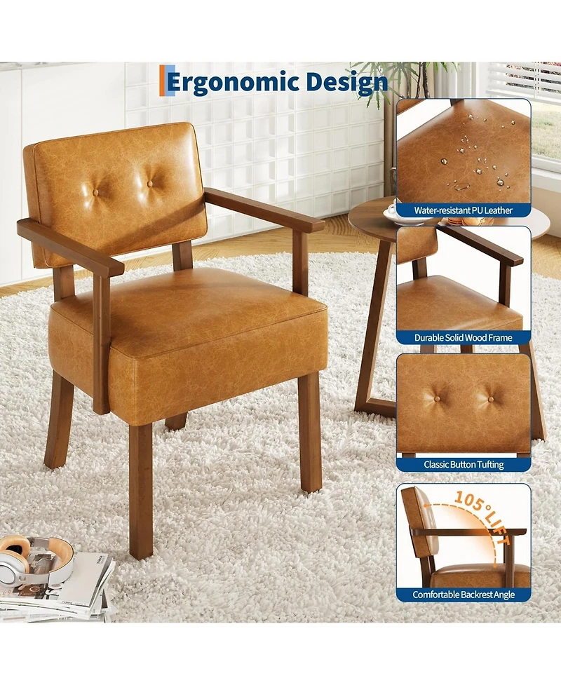 gaomon Set of 2 Mid Century Modern Accent Chairs, Faux Leather Armchairs with Button Tufted Back,Upholstered Lounge Chair Set with Wood Frame