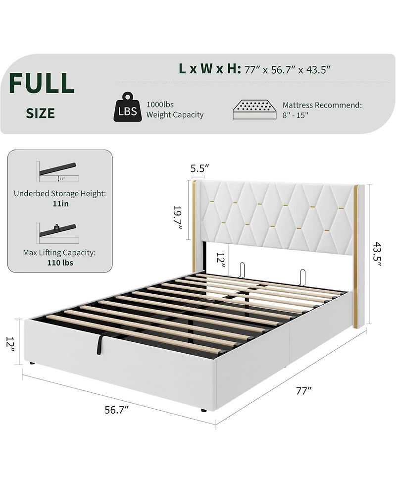 gaomon Full Lift-Up Storage Bed Frame with Tufted Headboard and Gold Trim, Upholstered Platform