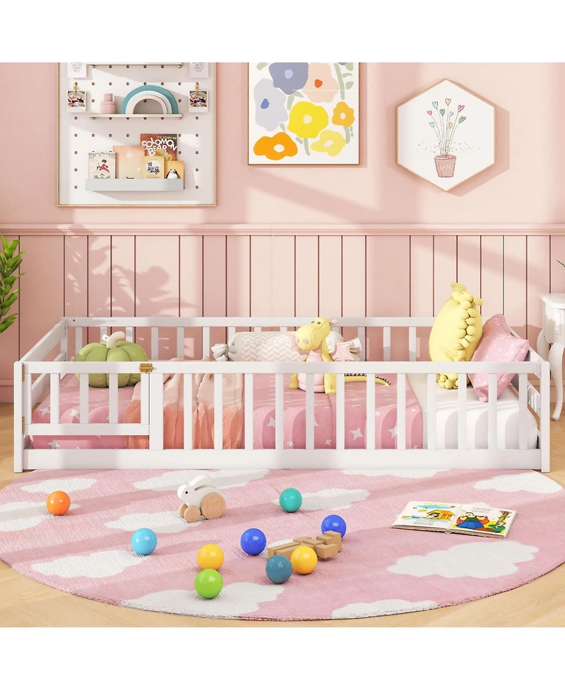 Gouun Twin Size Kids Montessori Floor Bed with Lockable Door and Fence Guardrails