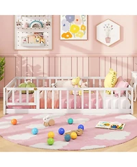 Gouun Twin Size Kids Montessori Floor Bed with Lockable Door and Fence Guardrails