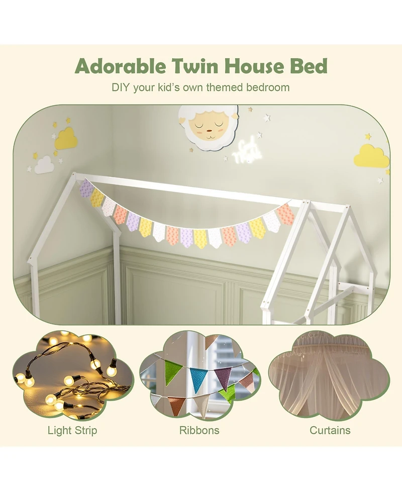 Gouun Twin Size Montessori House Floor Bed with Clothes Hanger and Storage Shelf