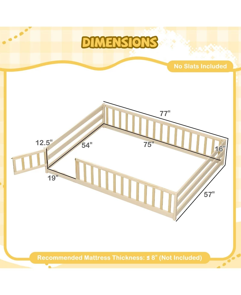 Gouun Full Size Montessori Floor Bed with Full-Length Safety Guardrails and Door