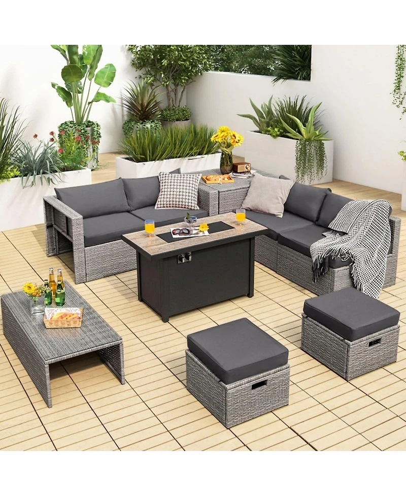 Gouun 9-Piece Wicker Patio Sectional Set with 42 in 60000 Btu Propane Fire Pit Table