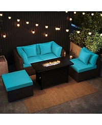 Gouun 5-Piece Rattan Sectional with 60,000 Btu Firepit Coffee Table and Ottoman