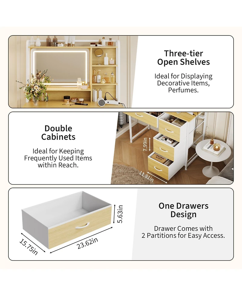 Homfan Vanity Desk with Mirror, Makeup Vanity Table with Shelves, 4 Fabric Drawers Storage, Modern Dressing Table for Bedroom, Gift for Women