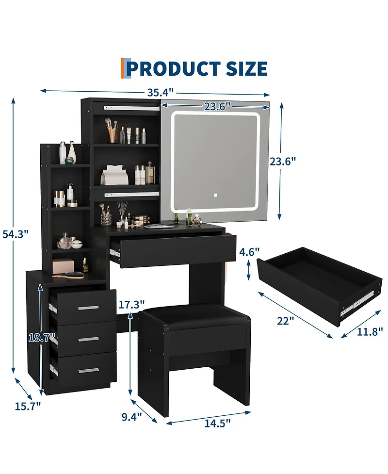 Homfan Sliding Mirror Vanity Set with 3-Level Adjustable Lighting, Stool, Power Outlet, Hairdryer Holder, and Storage Cabinet