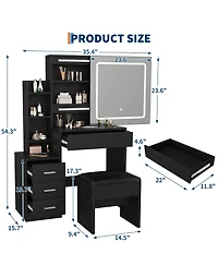 Homfan Sliding Mirror Vanity Set with 3-Level Adjustable Lighting, Stool, Power Outlet, Hairdryer Holder, and Storage Cabinet