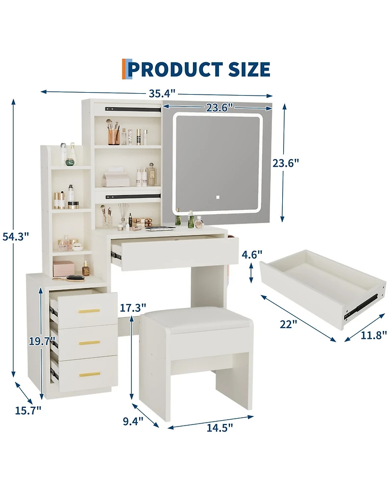 Homfan Sliding Mirror Vanity Set with 3-Level Adjustable Lighting, Stool, Power Outlet, Hairdryer Holder, and Storage Cabinet