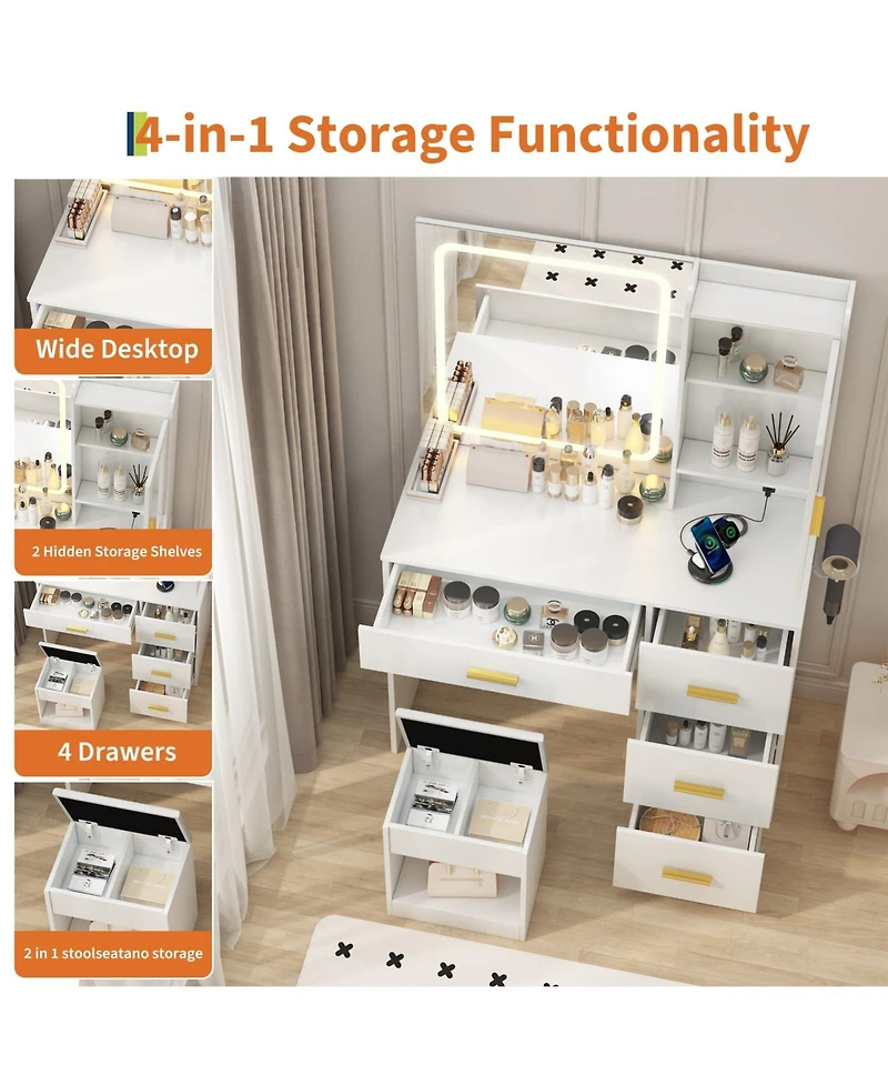 Homfan Modern Vanity Desk with Mirror and Led Lights - Built-in Outlets 4 Drawers Storage Stool Hair Dryer Holder Makeup Dressing Table