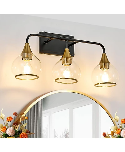 Busdays 23 Inch Modern 3 Light Vanity Wall Sconce Black Gold Fixture Clear Glass Shades Industrial Wall Lamp for Bathroom Mirror Living Room Bulb