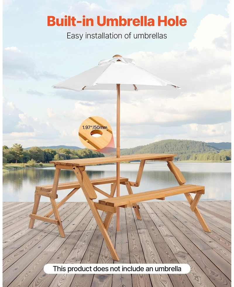 Gouun 2 in 1 Wooden Picnic Table and Bench with Umbrella Hole