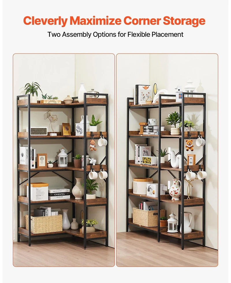 Gouun 5 Tier Corner Bookshelf with Hooks and Metal Frame