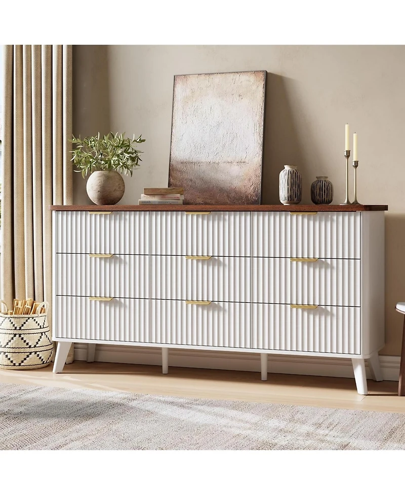gaomon 60.6" Wide Fluted 9-Drawer Dresser, Curved Profile with Gold Handles