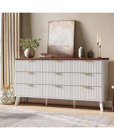 gaomon 60.6" Wide Fluted 9-Drawer Dresser, Curved Profile with Gold Handles