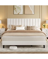 homfan Upholstered Platform Bed Frame with Adjustable Height Vertical Channel Tufted Headboard, Sturdy Wooden Slats, Noise-Free