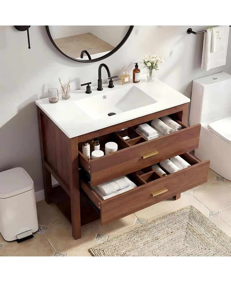 homfan 36" Modern Bathroom Vanity with Sink, Ceramic Integral Basin, 2 Soft-Close Drawers and Open Shelf, Space-Saving Bathroom Cabinet Solution