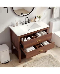 homfan 36" Modern Bathroom Vanity with Sink, Ceramic Integral Basin, 2 Soft-Close Drawers and Open Shelf, Space-Saving Bathroom Cabinet Solution