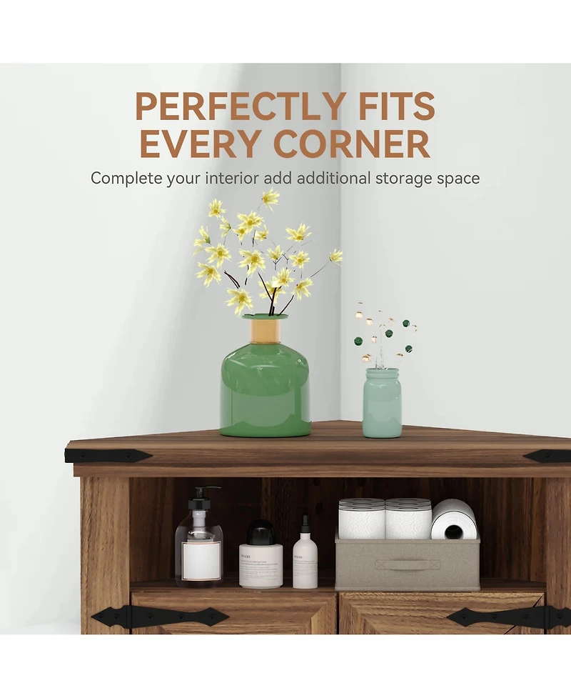 homfan Farmhouse Corner Bathroom Cabinet with Sliding Barn Door - Adjustable Shelf and Compact Organizer - Space-Saving Floor Standing Cabinet