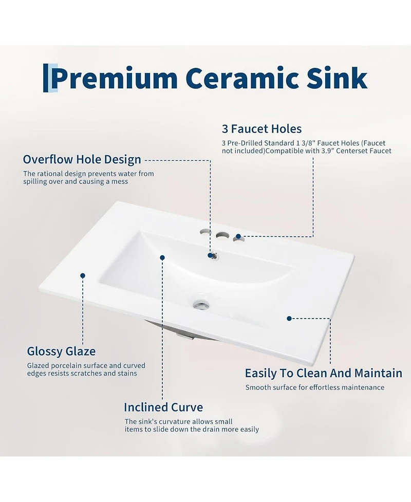 homfan 30" Modern Bathroom Cabinet with Sink, Ceramic Integral Basin, 2 Soft-Close Drawers and Open Shelf, Space-Saving Bathroom Storage Solution