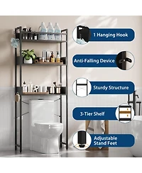 homfan 3 Tier Over Toilet Storage Rack with Shelf and Basket, Bathroom Space Saver Organizer with Wood Shelves and Metal Frame for Bath