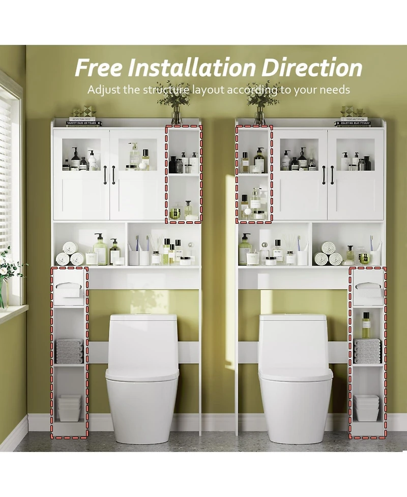 Homfan Over Toilet Storage Cabinet with Glass Doors and Adjustable Shelves, 67.4 in Tall Bathroom Organizer for Bath or Laundry