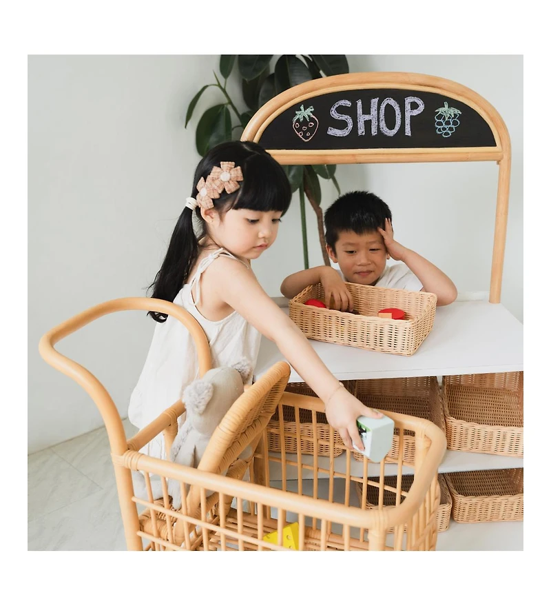Handcrafted Rattan Kids Shopping Cart with Baby Seat