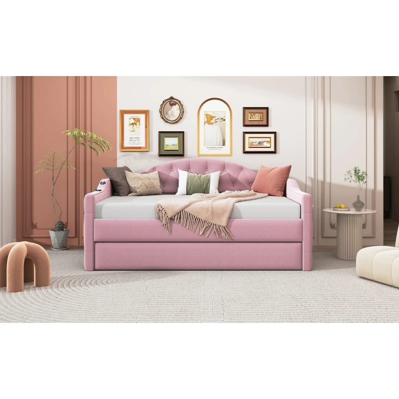 Streamdale Furniture Velvet Tufted Daybed With Trundle and Usb Charging