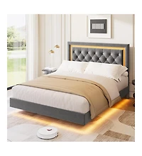 gaomon Floating Bed Frame with Led Lights, Upholstered Platform with Diamond Headboard