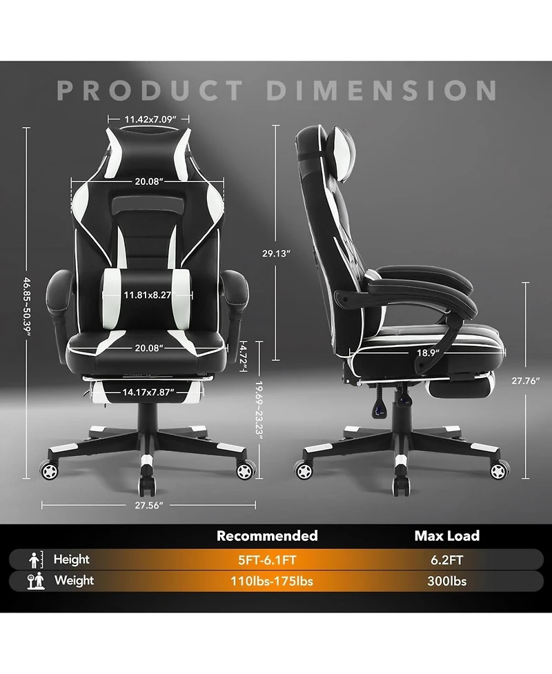 gaomon Gaming Chair with Footrest and Massage Lumbar Support,Big and Tall Ergonomic Computer Game Desk Chair,High Back Pu Leather Recliner