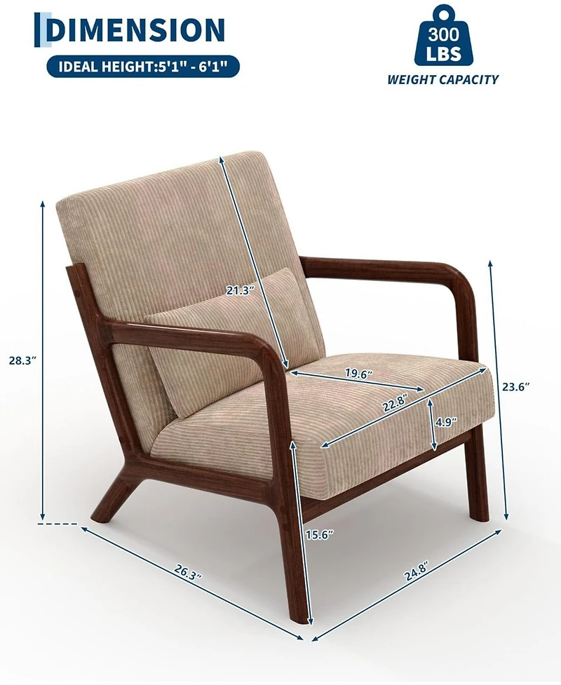 gaomon Mid-Century Modern Accent Chair, Wide-Wale Corduroy Upholstery, Solid Wood Armchair with Removable Lumbar Pillow, Sturdy Reading Chair.
