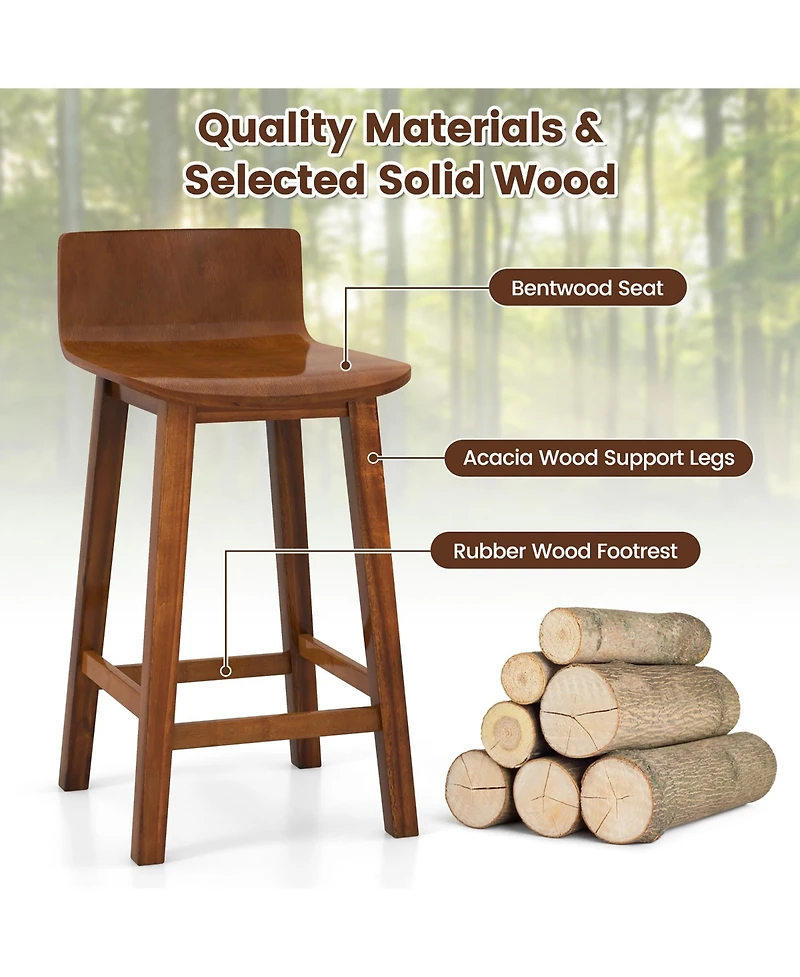 Gymax 24.5'' Solid Wood Bar Stools Set of 4 Home Counter Kitchen Stools w/ Low Backrest and Footrest