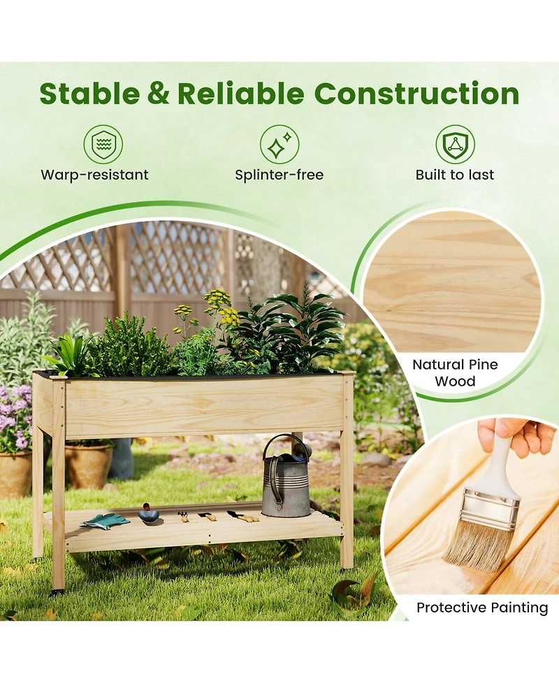 Gouun Mobile Pine Wood Raised Garden Bed with Lockable Wheels and Storage Shelf