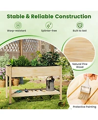 Gouun Mobile Pine Wood Raised Garden Bed with Lockable Wheels and Storage Shelf