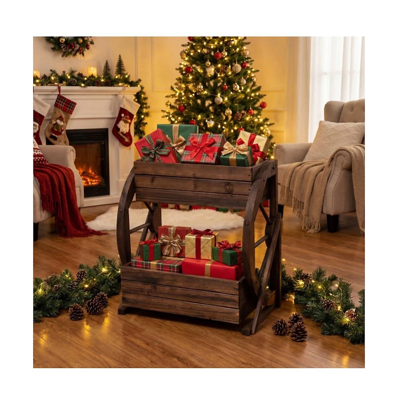 Gouun 2-Tier Rustic Carbonized Wood Wagon Planter with Drainage Holes