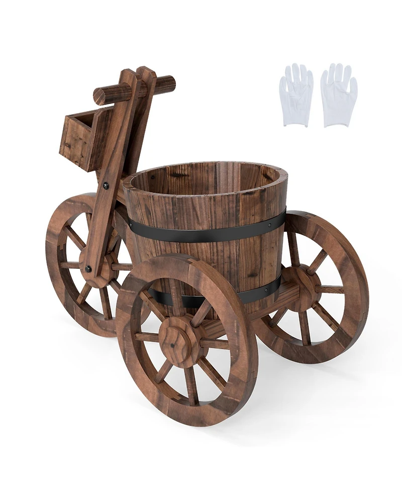 Gouun Rustic Carbonized Wood Tricycle Planter with Storage Box