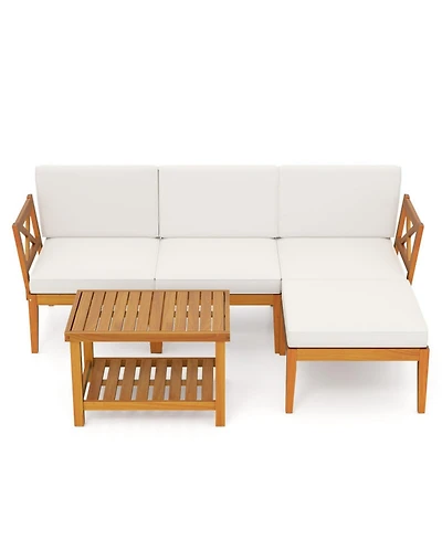 Gouun 5-Piece Acacia Wood Outdoor Conversation Set with 2-Tier Coffee Table and Cushions