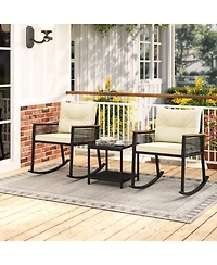 Gouun 3-Piece Pe Rattan Rocking Chair Set with Acacia Wood Armrests and 2-Tier Table