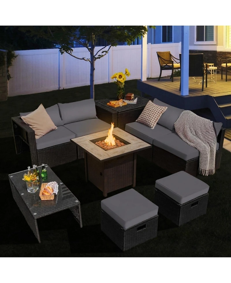 Gouun 9-Piece Wicker Sectional Sofa Set with 30 in Propane Gas Fire Pit Table