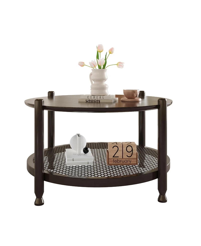 Rainsken 32" Rustic Round Coffee Table with 2-Tier Design, Boho Woven Rattan Storage Shelf for Living Room