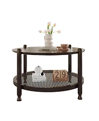 Rainsken 32" Rustic Round Coffee Table with 2-Tier Design, Boho Woven Rattan Storage Shelf for Living Room
