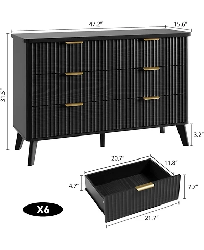 gaomon Modern Fluted 6-Drawer Dresser, Curved Profile with Deep Drawers