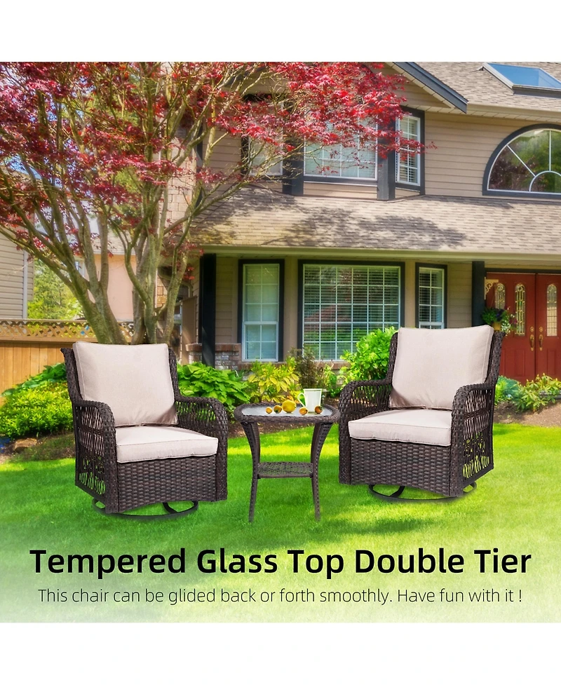 gaomon 3-Piece Wicker Bistro Set- Rocking Swivel Chairs Glass Side Table for Backyard Porch