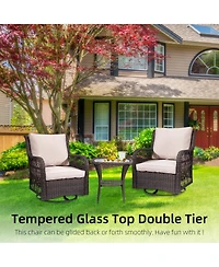 gaomon 3-Piece Wicker Bistro Set- Rocking Swivel Chairs Glass Side Table for Backyard Porch