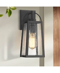 Possini Euro Design Woodley High Modern Outdoor Wall Light Fixture Mount Porch House Weatherproof Sand Black Glass Shade