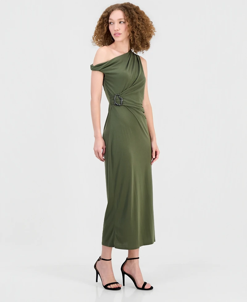 Robbie Bee Women's Asymmetrical Side-Ruched Midi Dress